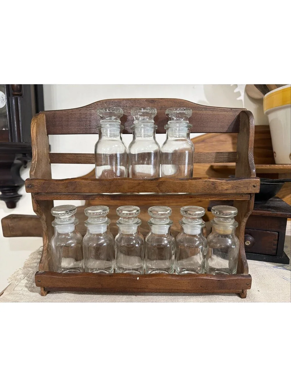 Vintage Wood Spice Rack 9 Made in Japan Glass Jars Mid Century Kitchen Decor